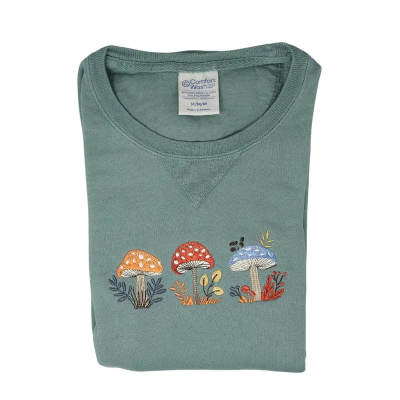 Whimsical Mushroom Embroidered Pullover Crewneck Sweatshirt - Unisex - ComfortWash T-Shirts, Hoodie | PrintMintTees.com