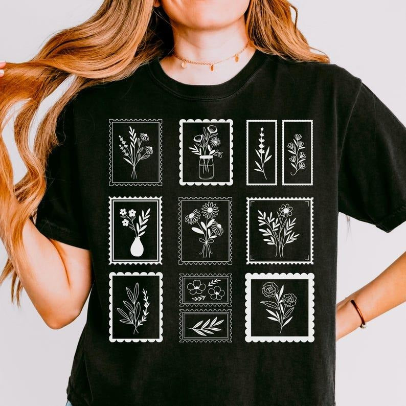 Whimsical flower postage stamps T-shirt,Classic Retro Graphic Unisex Tee Gift For Men and Women Hoodie Sweatshirt