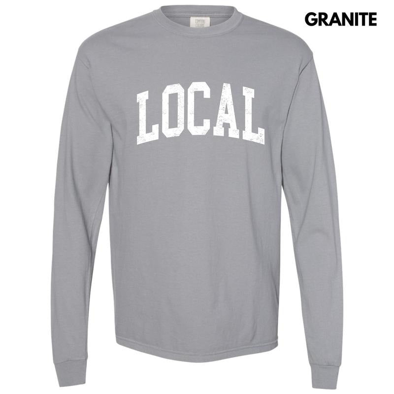 White - Local Varsity Letter Long Sleeve Comfort Colors T-Shirt 'NLB' Hoodie Sweatshirt | PrintMintTees.com