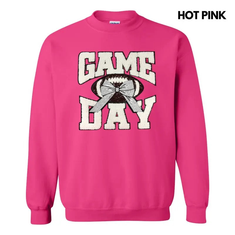 White Football Game Day Bow Patch Sweatshirt T-Shirts, Hoodie | PrintMintTees.com