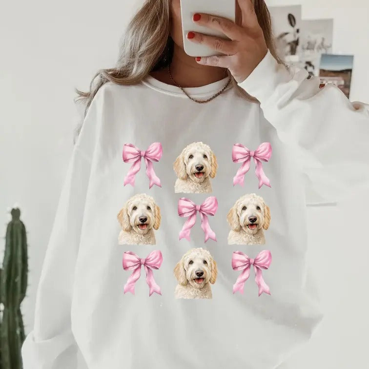 White Goldendoodle with bows Sweatshirt ~ Sweatshirt Unisex Apparel Relaxed Fit Printed in the USA Clothing Womenswear...