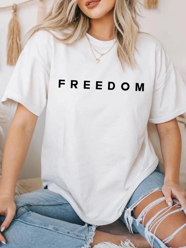 White Oversized Women's Tee - Minimalist "freedom" Graphic Casual Short Sleeve T-shirt, Womenswear Hoodie Sweatshirt