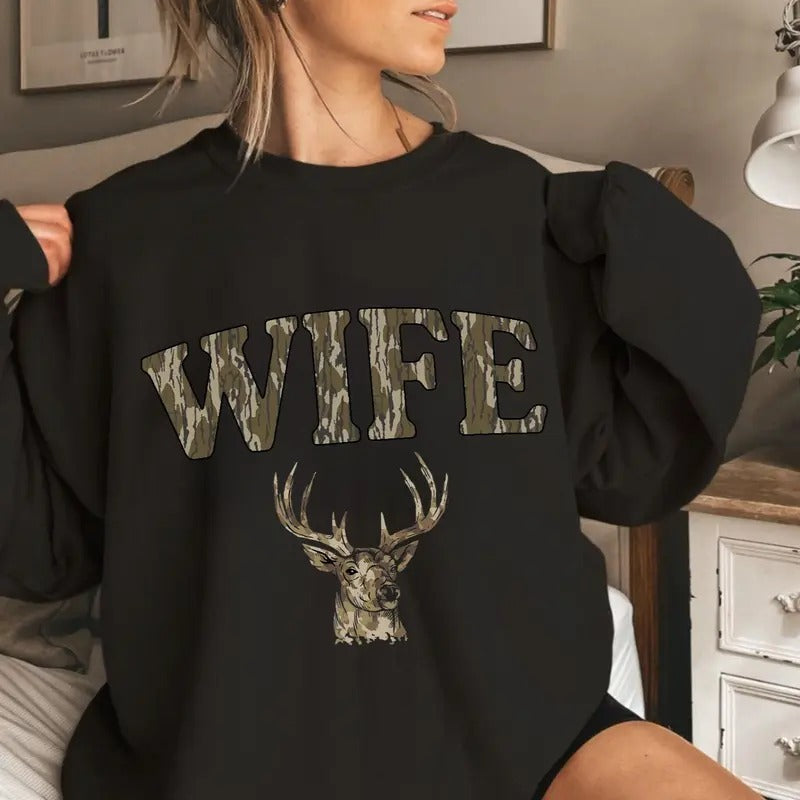 Wife Deer Hunt Camo Bottomland Pattern Crewneck Sweatshirt, Mama Hunting Season Tee Hoodie | PrintMintTees.com