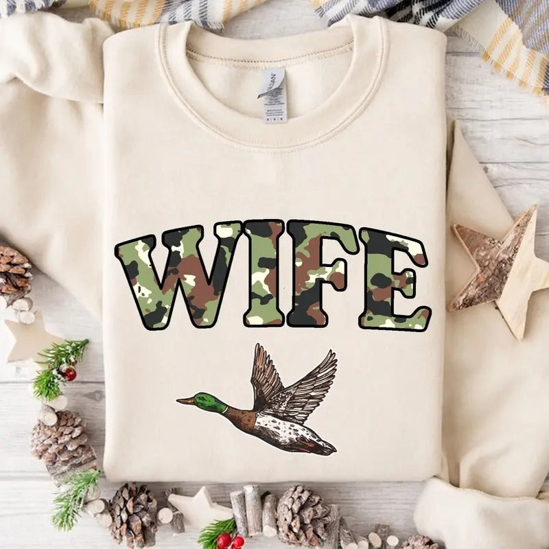 Wife Duck Hunt Camo Bottomland Pattern Crewneck Sweatshirt, Mama Hunting Season Tee Hoodie | PrintMintTees.com