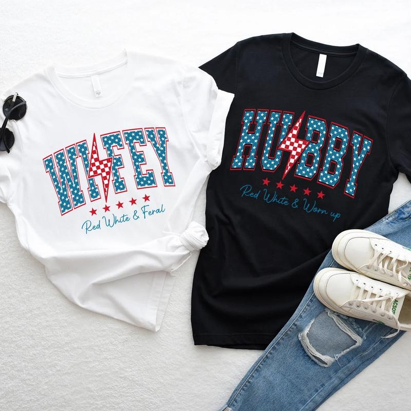 Wifey & Hubby Patriotic 4th July Matching Shirts Wife Husband Independence Day Just Married T-Shirts, Hoodie, Sweatshirt