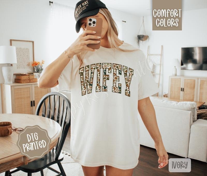 Wifey Comfort Colors TShirt, Trendy Camo Women's Tee Hoodie Sweatshirt | PrintMintTees.com
