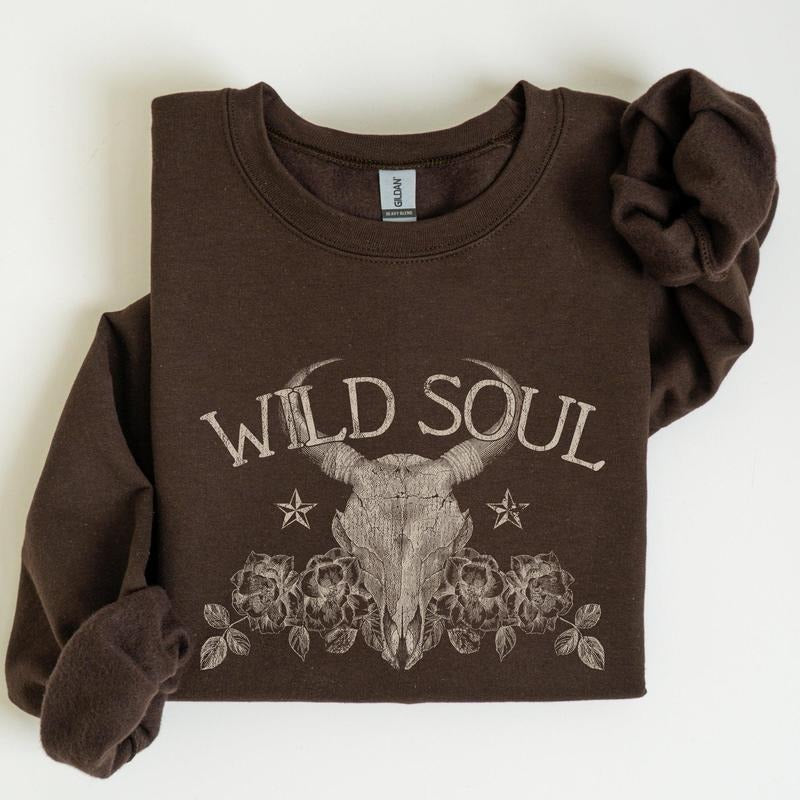 Wild Soul, Cowboy, Skull, Roses, Country, Cowgirl Sweatshirt, Women's Crew Neck, Crewneck T-Shirts, Hoodie