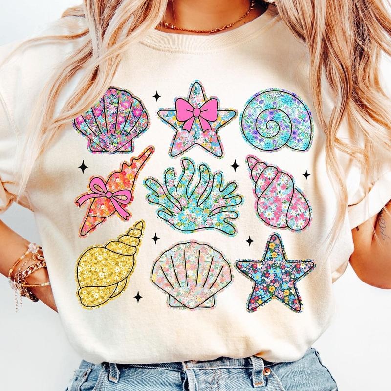 Wildflower Seashell Clam Summer Shirt, Summer Vibes, Floral Summer Beach Shirt, Wildflower Summer Vacation Graphic Tee...