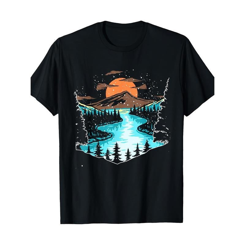 Wildlife Mountain and River Outdoor Nature Full Moon Forest T-shirt -100% cotton Made in USA Hoodie Sweatshirt