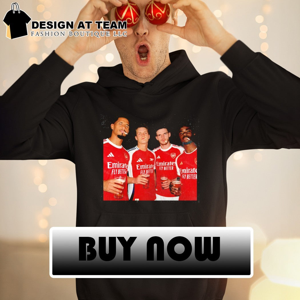 William Saliba Martin Odegaard Declan Rice Bukayo Saka smoking beers Arsenal FC 2026 shirt