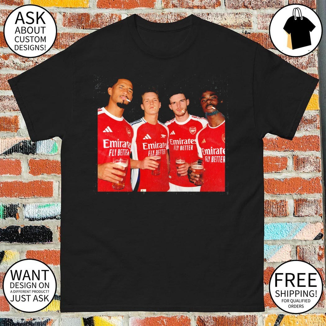 William Saliba Martin Odegaard Declan Rice Bukayo Saka smoking beers Arsenal FC 2026 shirt