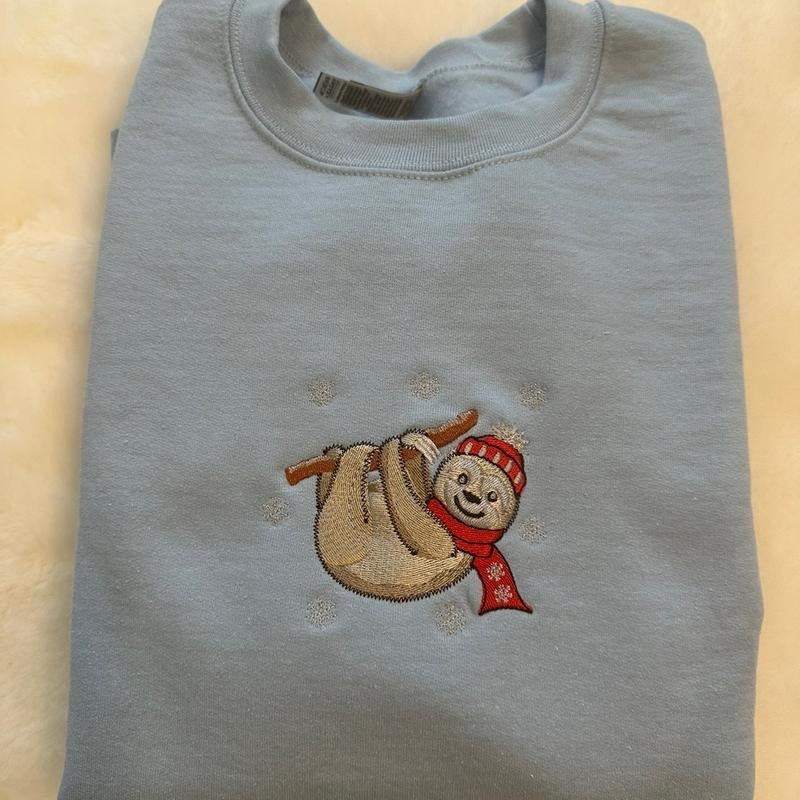 Winter Sloth Embroidered Crewneck Sweatshirt Comfortable T-Shirts, Hoodie | PrintMintTees.com