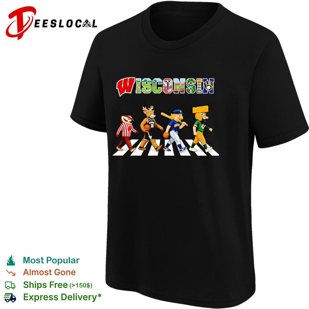 Wisconsin Badgers Bucks Brewers Packers mascot walking across shirt