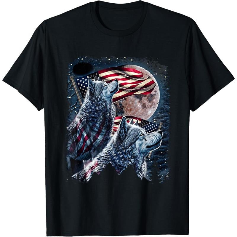 Wolf 4th of July American Flag Howling Wolves Under Moon T-Shirt made in usa Hoodie Sweatshirt | PrintMintTees.com