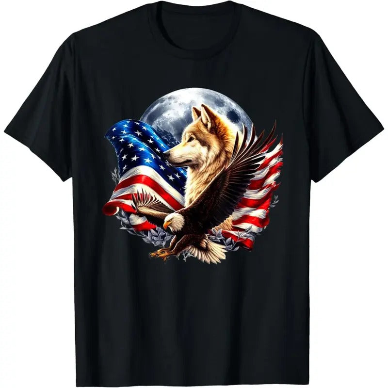 Wolf Bald Eagle American Flag Full Moon New Years Wolf Lover T-Shirt made in usa Hoodie Sweatshirt | PrintMintTees.com