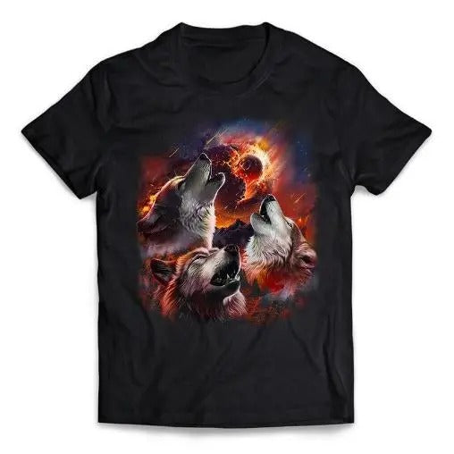 Wolf Howling in Burning Forest Beneath Asteroid Impact Moon, Short-Sleeve Unisex T-Shirt Made in USA Hoodie Sweatshirt