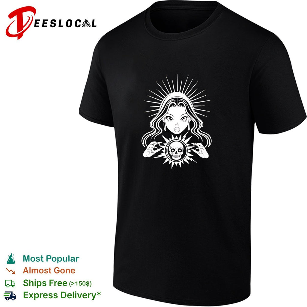 Woman holding skull crystal ball psychic shirt