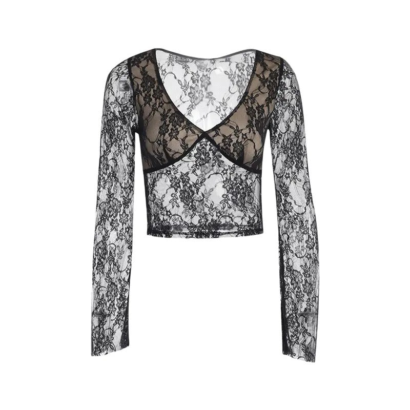 Women  Long Sleeve Lace Crop Tops Fairy Grunge Deep V Neck Patchwork See Through Flared Sleeves T Shirt Punk Floral...