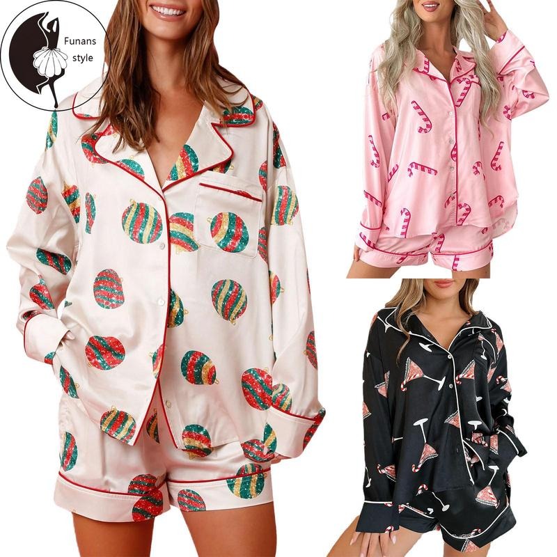 Women 2 Piece Pajama Set Dessert Print Long Sleeves Shirt and Elastic Shorts for Loungewear Soft Sleepwear Hoodie Sweatshirt