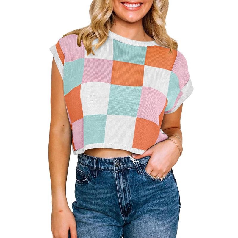 Women Checkered Knitted Tops Casual Ribbed Knit Cap Sleeve Round Neck Contrast Color Plaid Loose Fit Crop T-Shirt Short...