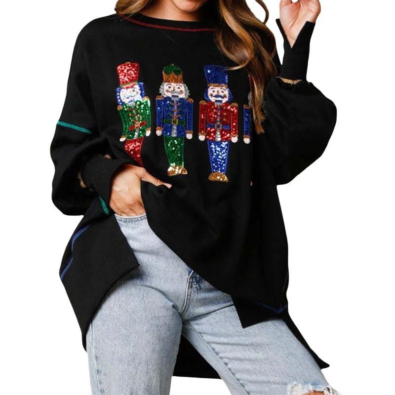 Women Christmas Sequins Sweatshirt Long Sleeve Cartoon Crew NeckPullovers Fall Winter Casual Tops Shirts Party Streetwear...
