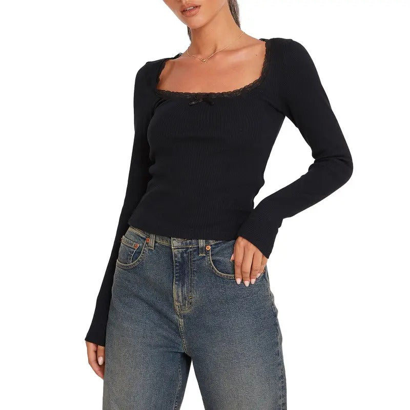 Women Clash Color Lace Trim T-Shirt Long Sleeve Square Neck Lace Patchwork Bow Slim Fit Crop Tops Streetwear Hoodie...