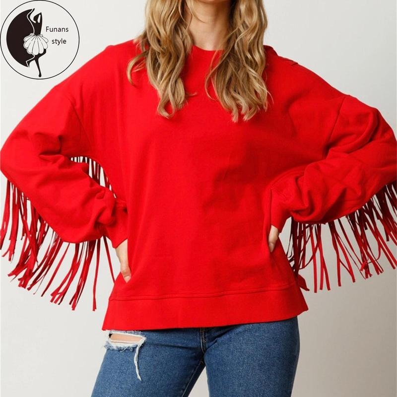 Women Cute Loose Sweatshirts Trendy Solid Colors Tassel Long Sleeve Pullovers Casual Fall Tops Streetwear Shirt Hoodie