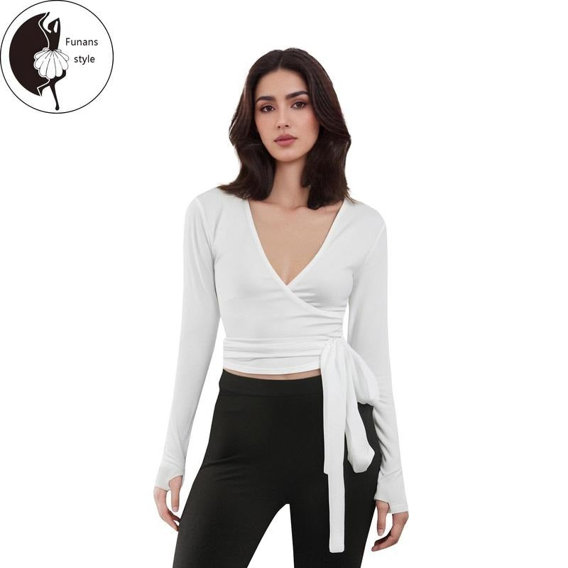 Women Fitness Yoga T-Shirts Solid Color Tie-Up Front V-Neck Long Sleeve Bottoming Shirt Seamless Workout Tops Hoodie...