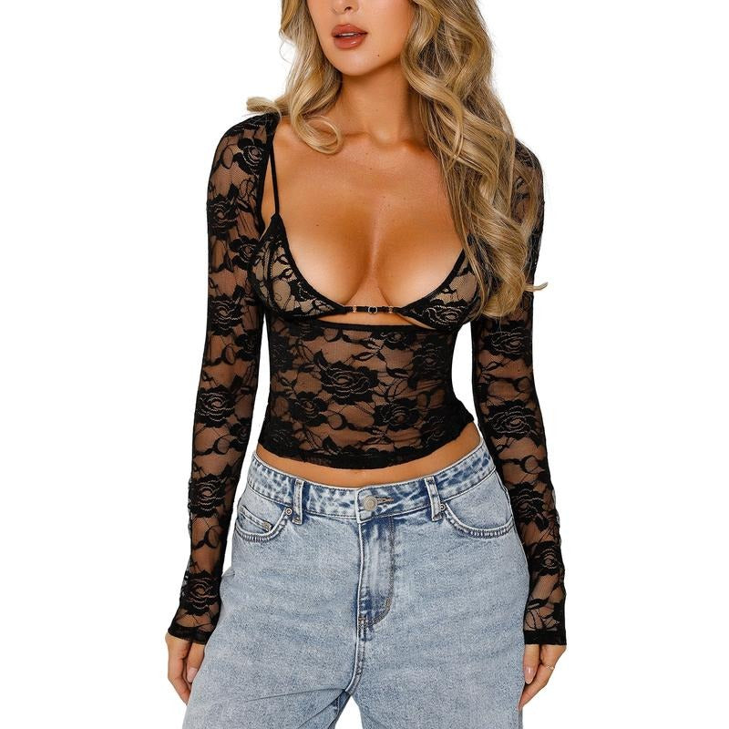 Women Floral Embroidery Sheer Lace Tops Low Cut Long Sleeve See Through Pullover Fitted Crop Shirt Summer Party Club...