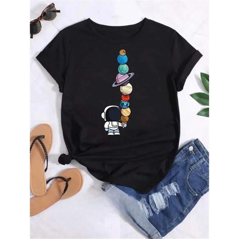 Women Funny Moon Space Planet Print T Shirt Girl Casual Round Neck Short Sleeve Clothes Female Vintage Tops style 02...