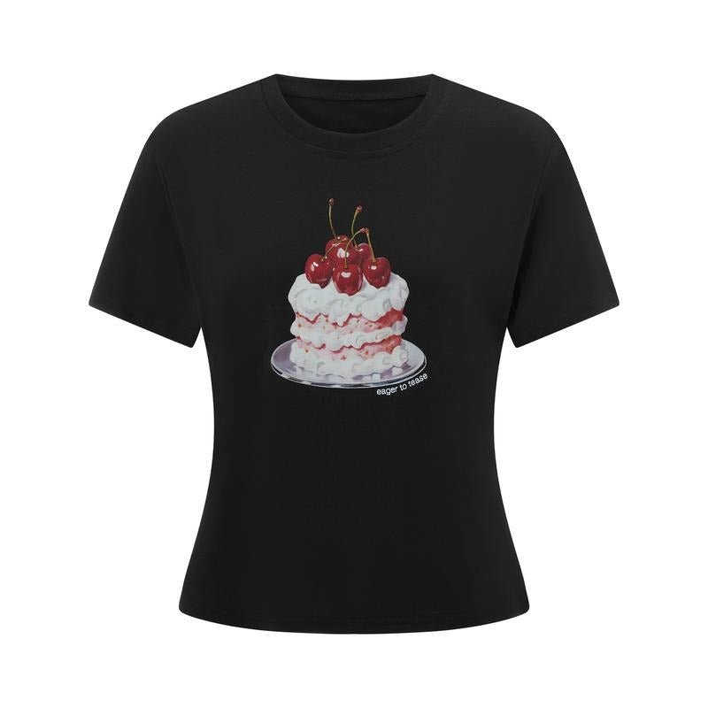 Women Graphic Baby Tees Vintage Cute Short Sleeve Cherry Cake Fruit Print Crew Neck Cropped T-Shirts Summer Aesthetic...