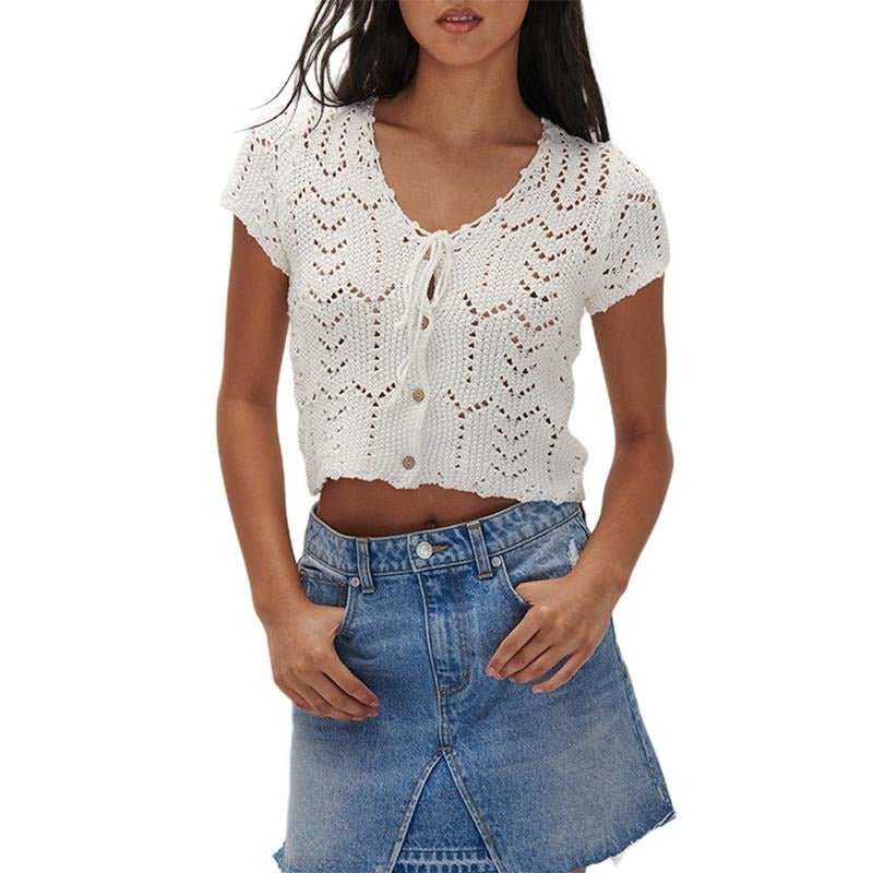 Women Knit Cutouts Crop T-Shirts Solid Color Crochet V Neck Button Front Tie Short Sleeve Tops Summer Aesthetic Grunge...