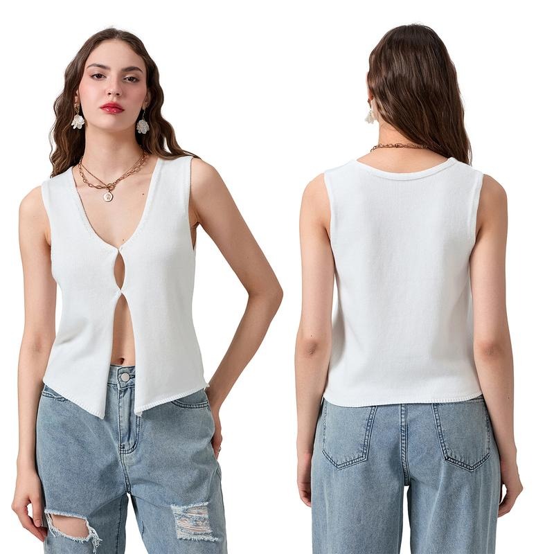 Women Knit Vest Tank Shirt Top Solid Color Sleeveless V-Neck Y2k Streetwear Summer Tops Hoodie Sweatshirt | PrintMintTees.com