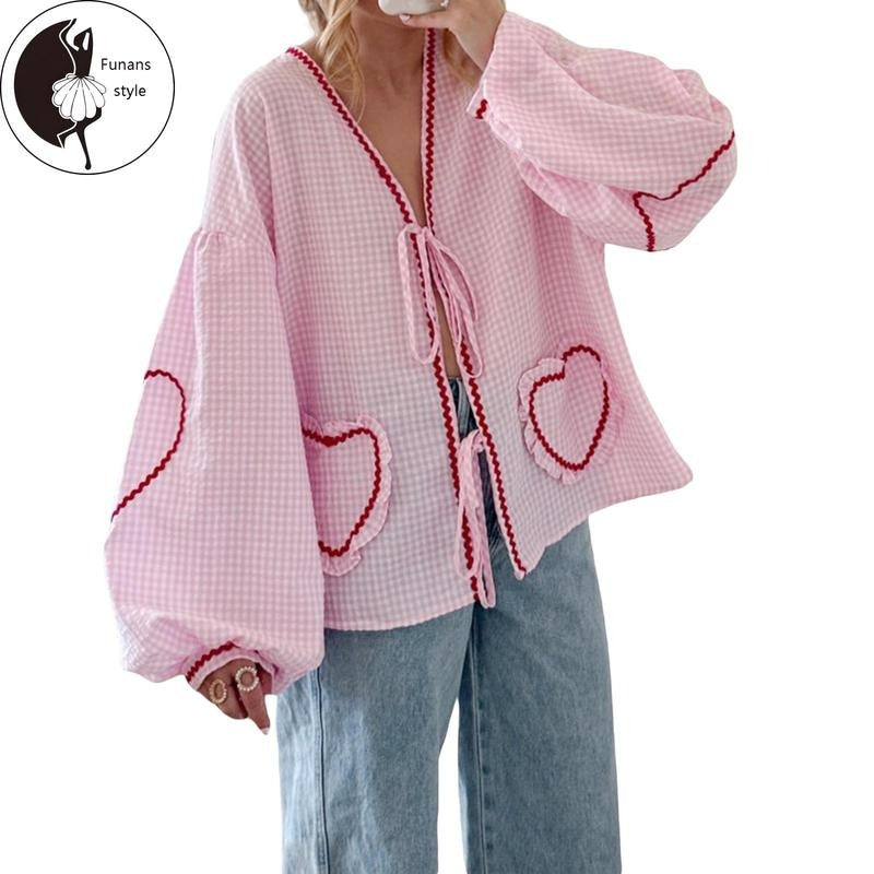 Women Long Sleeve Shirts Heart Embroidery Plaid Front Bowknot Tie-Up Blouses Fashion Spring Summer Casual Tops Hoodie...