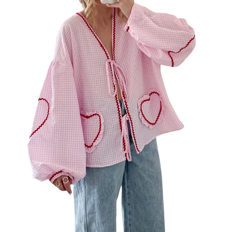 Women Long Sleeve Tie Front Shirts Heart Embroidery Plaid Front Bowknot Tie-Up Puff Long Sleeve Blouses Fashion Casual V...