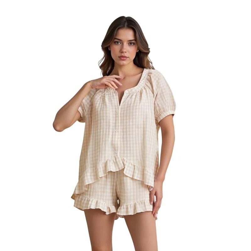 Women Plaid Set, Short Sleeve Ruffled Shirt with Elastic Waist Shorts Summer Outfit Hoodie Sweatshirt | PrintMintTees.com