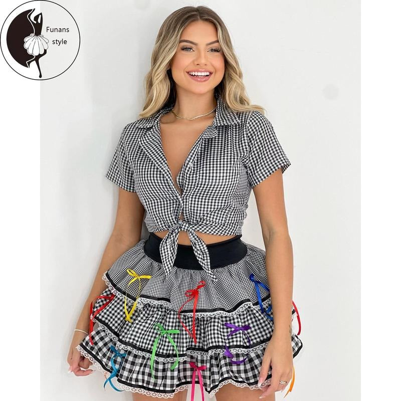 Women Princess Costumes Plaid Short Sleeve Knotted Shirt and Bow Layered Ruffle Skirt 2 Piece Set Hoodie Sweatshirt