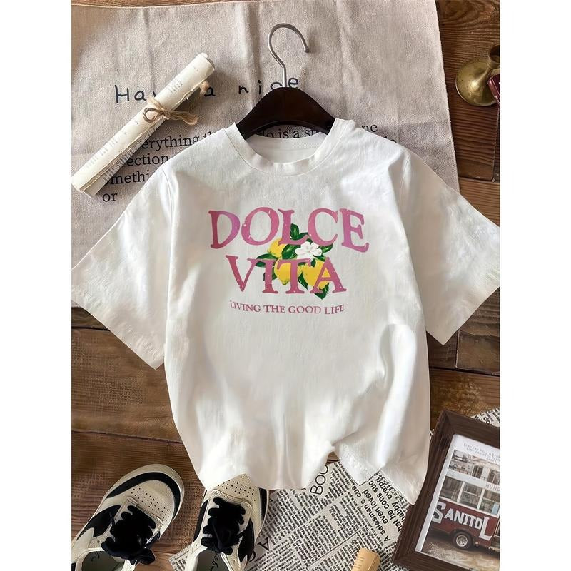 Women'S Casual Round Neck Short Sleeved Sweet Life T-shirt, White Casual Spring And Summer T-shirt style 02 Hoodie Sweatshirt
