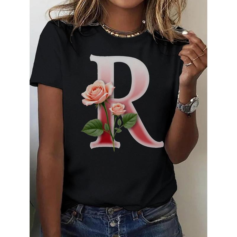 Women'S Rose Letter Print T-Shirt 100% Casual Short Sleeve Crew Neck Romantic Gift Top style 02 Hoodie Sweatshirt