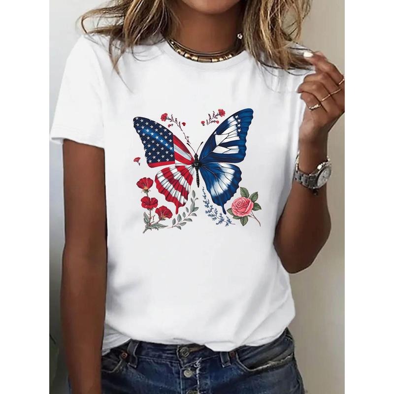 Women'S White T-Shirt with American Flag Butterfly Print | Casual Patriotic Tee for Independence Day and Everyday Wear...