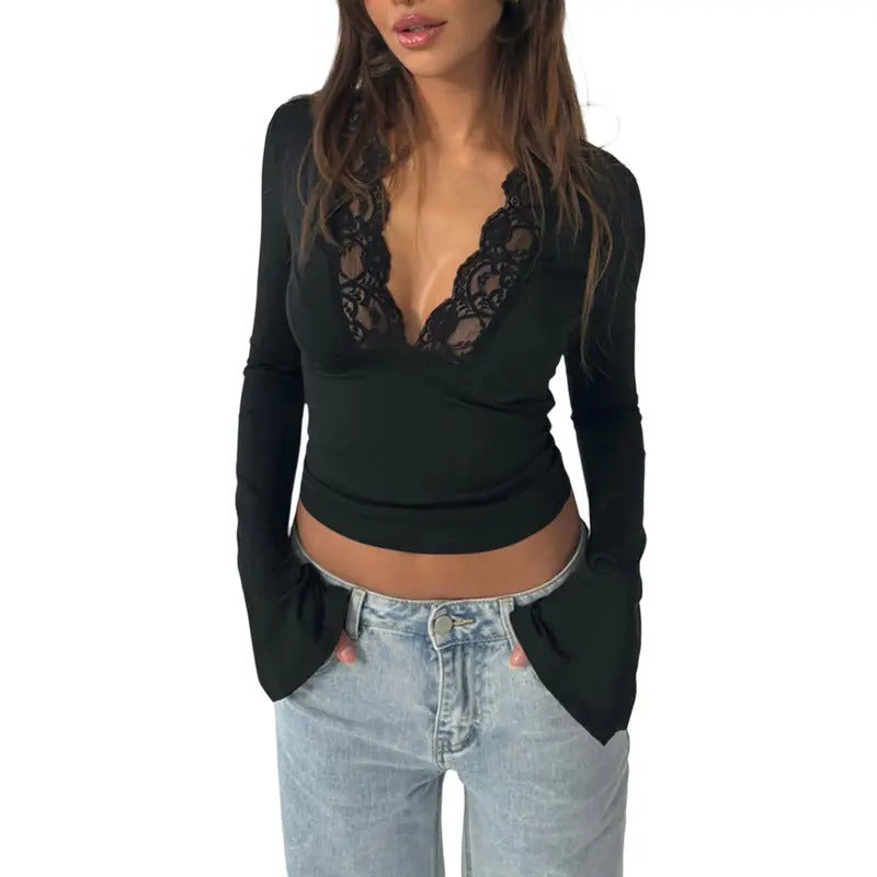 Women Sexy Deep V-neck Lace Shirt Long Sleeve Going Out Tops Y2k Low CutFitted Bell Sleeve Shirt Crop Tops Hoodie Sweatshirt