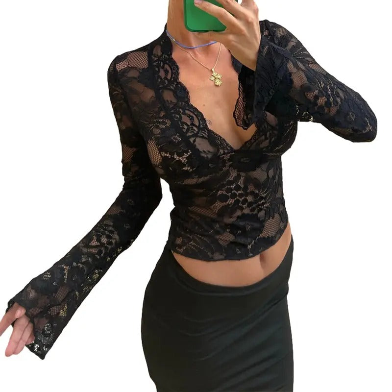 Women Sexy Long Sleeve Lace Shirt Deep V-NeckSitted T-shirt Skinny Sheer Shirt See Through Shirt Y2k Going out Crop Tops...