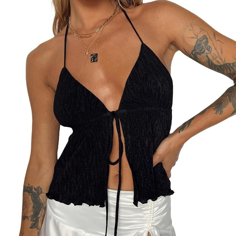 Women Sexy Slit Front Cropped Top Y2K Sleeveless Backless Slim Cami Blouse Off Shoulder Strappy Tank Top Solid Color Open...