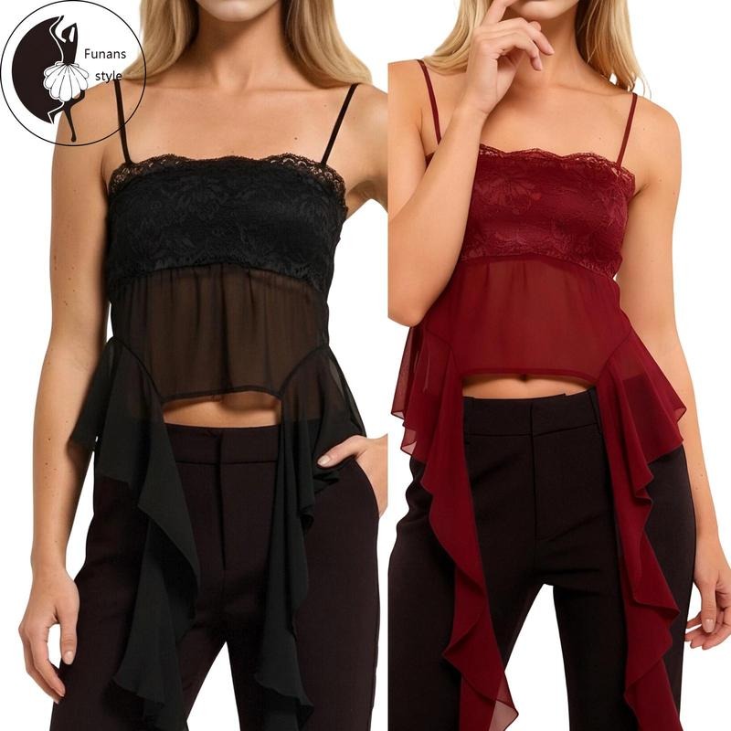 Women Sheer Lace Cami TopsFloral Square Neck Spaghetti Strap Ruffle Shirts Trendy Summer Streetwear Hoodie Sweatshirt