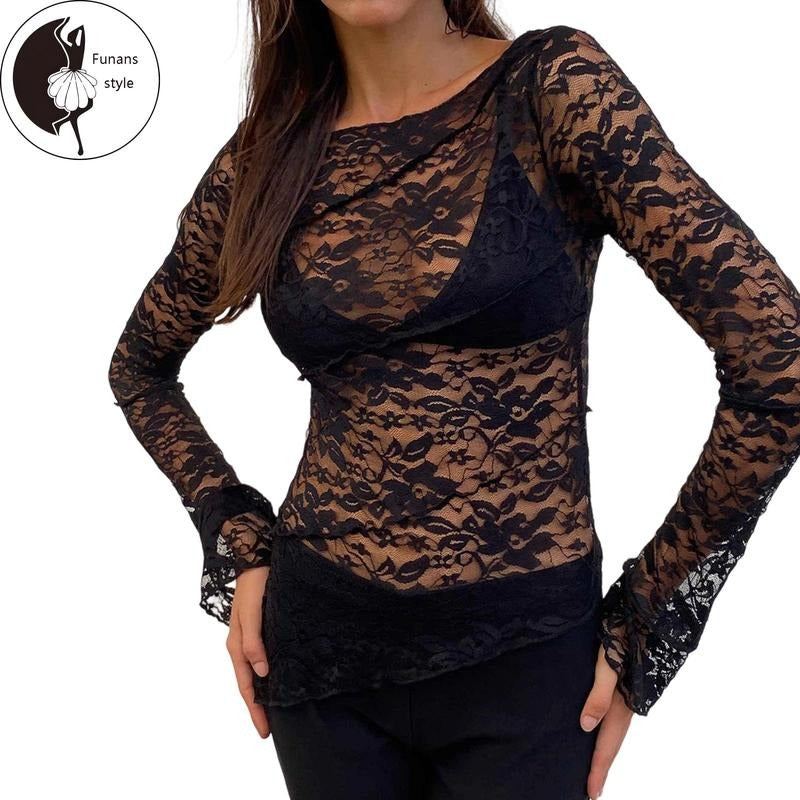 Women Sheer Lace TopsFlower See Through Boat Neck Long Flare Sleeve Shirts Trendy Streertwear Hoodie Sweatshirt