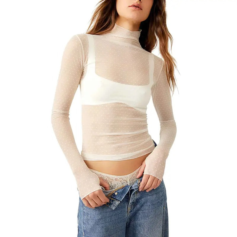 Women Sheer Mesh Crop Tops Y2K Long Sleeve Turtleneck Swiss Dots See-through Solid Color Slim Fit T-Shirt See Through...