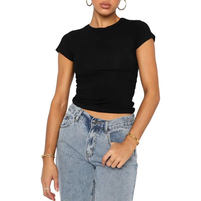 Women Short Sleeve Crop Tops Sexy Crew Neck Solid Color Basic Undershirts Y2k Slim Fitted Going Out Layer T-Shirt Hoodie...
