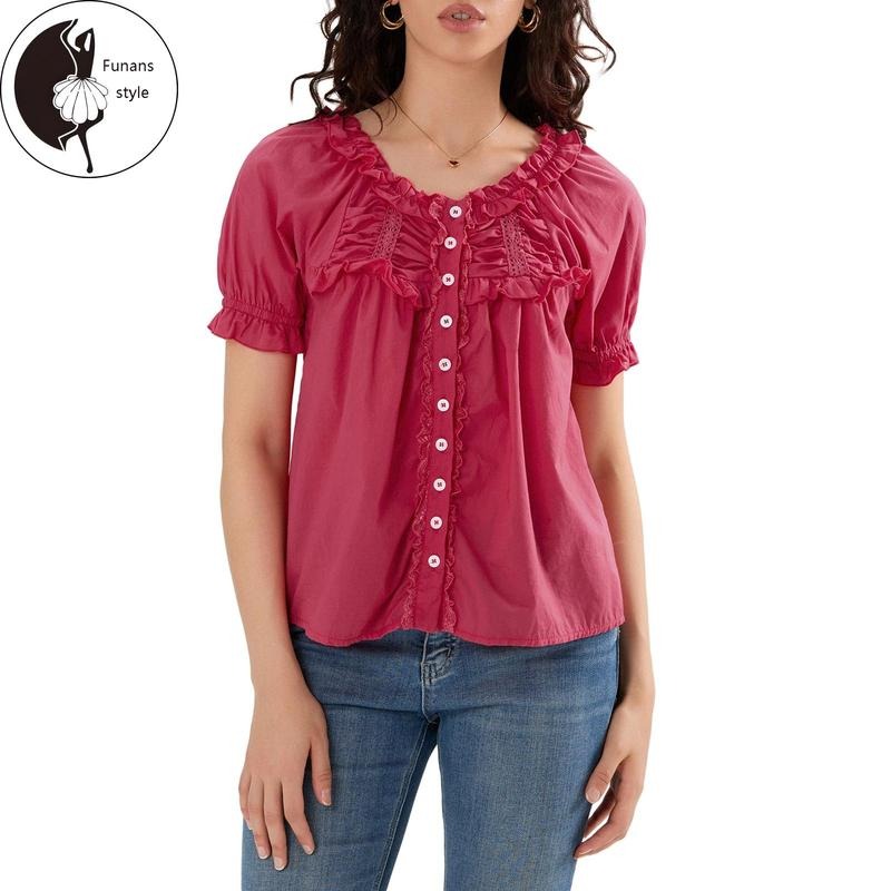 Women Short Sleeve Shirts Solid Color Ruffles Scoop Neck Fashion Blouses Summer Loose Casual Tops Streetwear Hoodie...