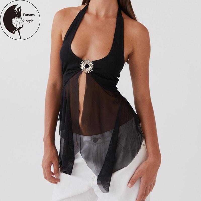 Women Sleeveless Halter Tops Summer Tie up Backless Sheer Mesh Split Shirts for Streetwear Aesthetic Grunge Clothes...