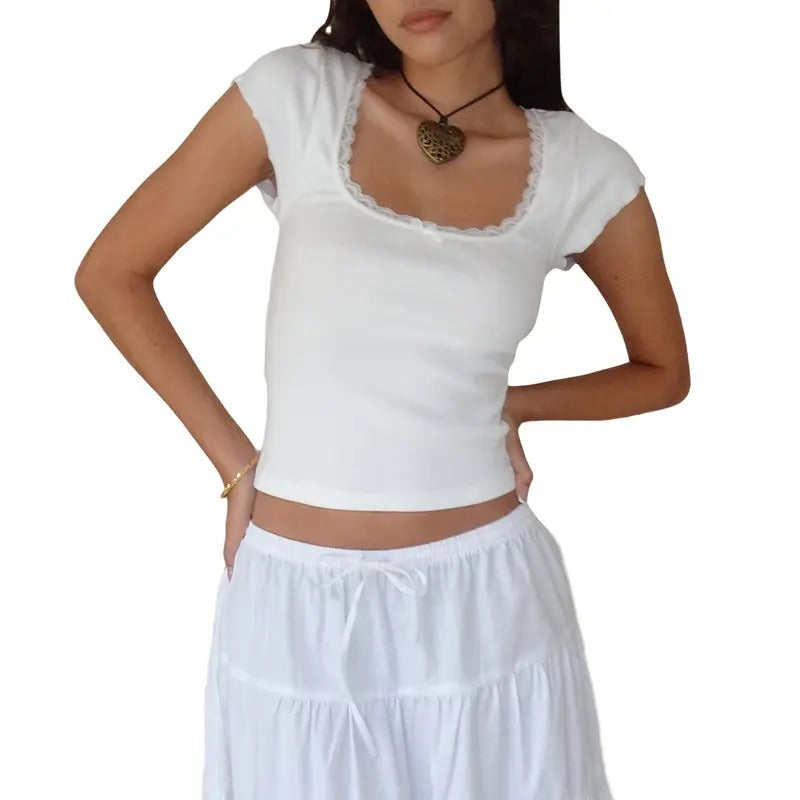 Women Solid Color Lace Trim T-Shirt Short Sleeve Square Neck Lace Patchwork Bow Basic Tops Summer Streetwear Hoodie...